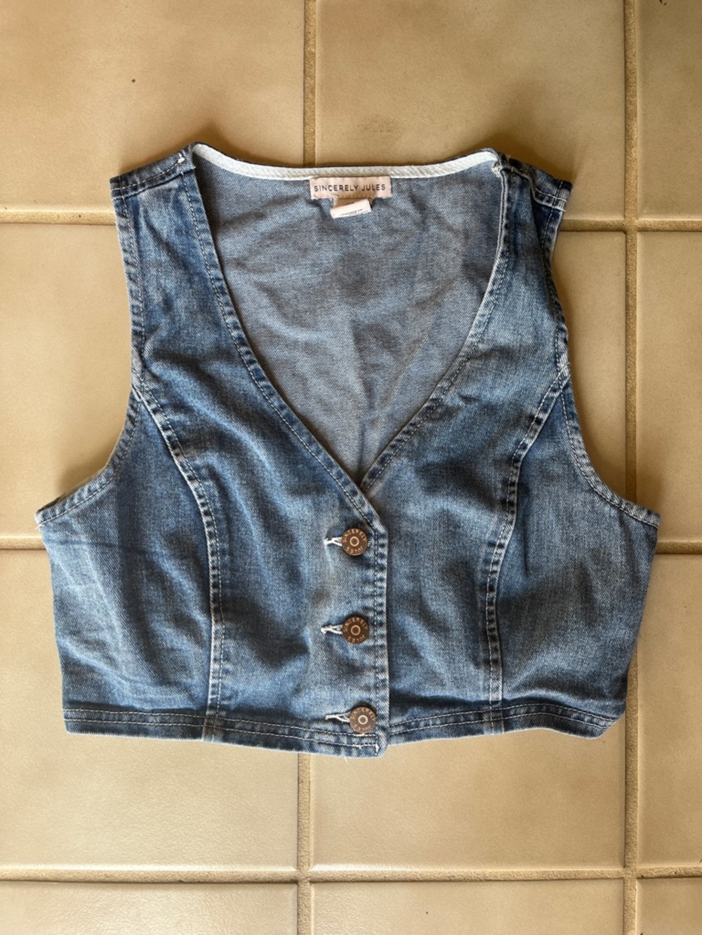 Sincerely Jules Denim Button-Front Cropped Vest - Blue, Cotton Rayon Blend